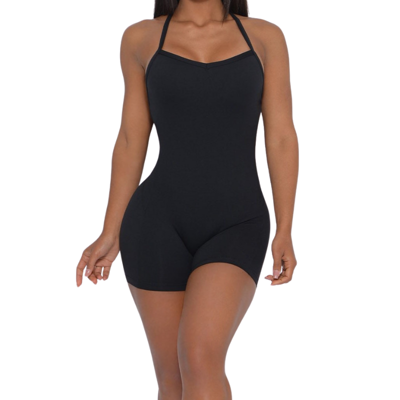CRISS CROSS FORM FITTED ROMPER - BLACK