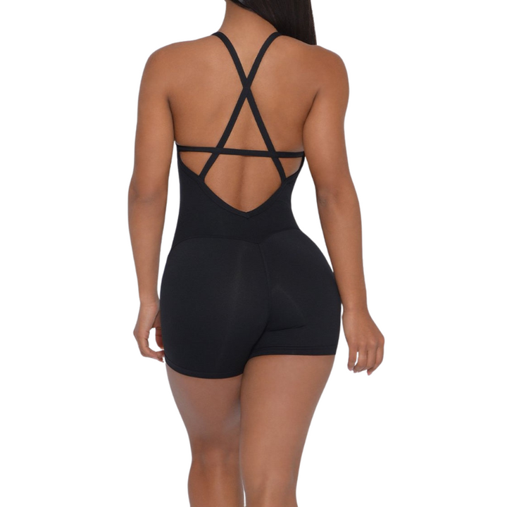 CRISS CROSS FORM FITTED ROMPER - BLACK